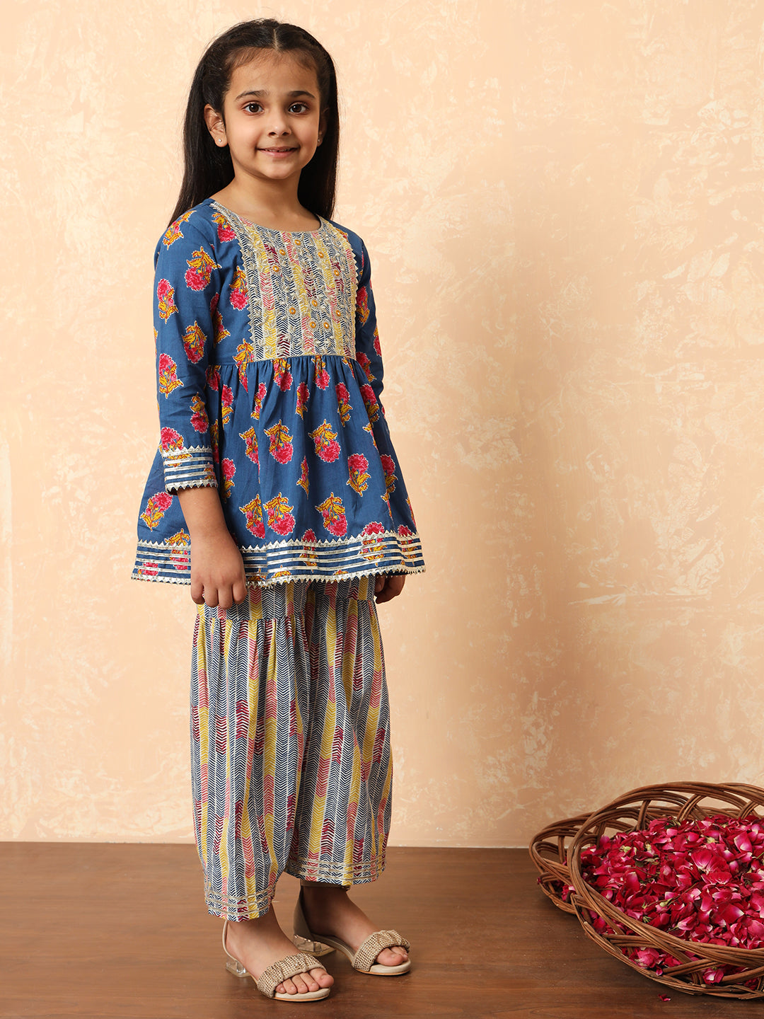 Girls Frock Style Cotton Fabric Blue Color Printed Kurti And Sharara With Zari And Gotta Lace Work