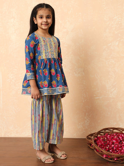 Girls Frock Style Cotton Fabric Blue Color Printed Kurti And Sharara With Zari And Gotta Lace Work