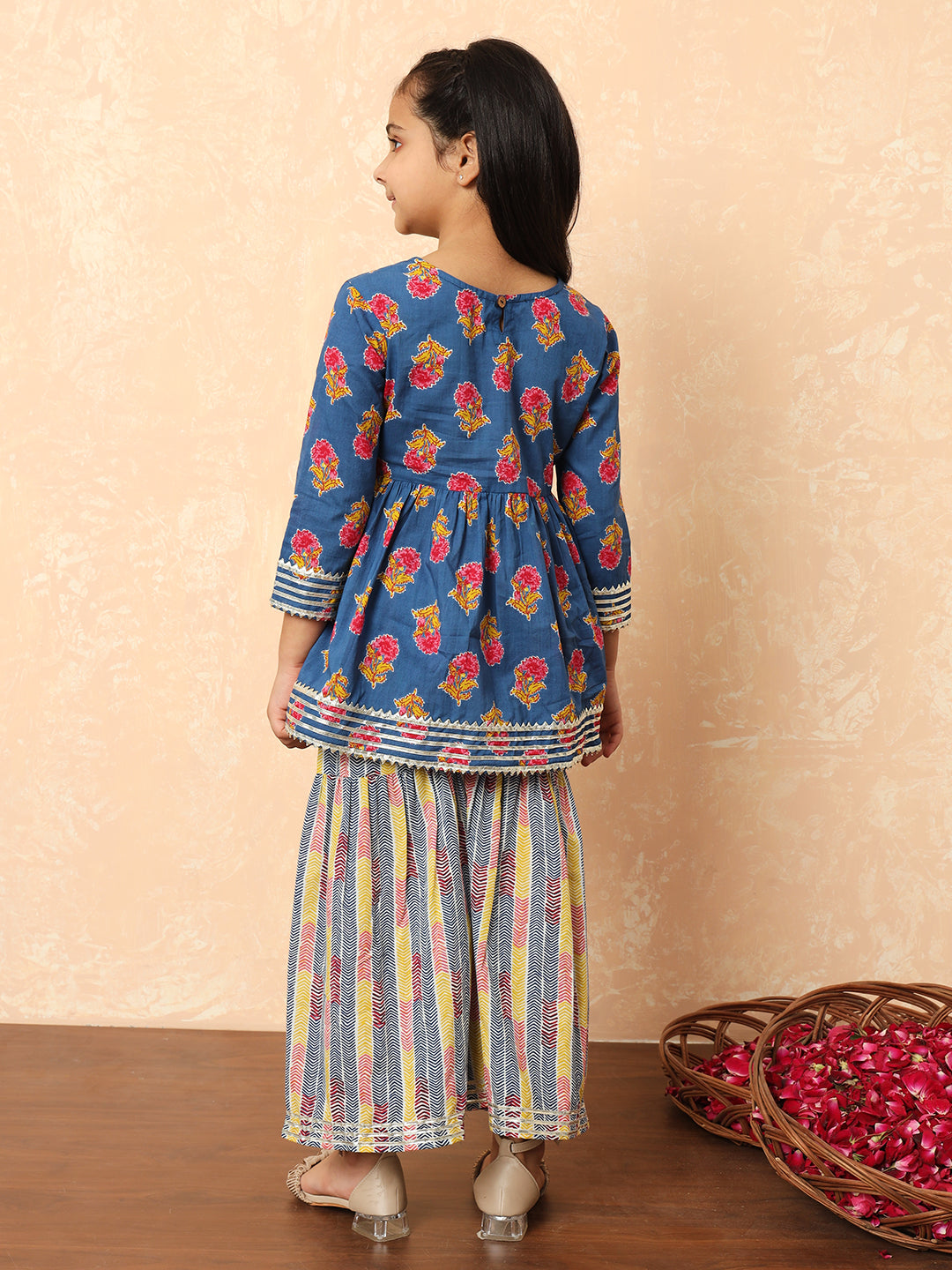 Girls Frock Style Cotton Fabric Blue Color Printed Kurti And Sharara With Zari And Gotta Lace Work