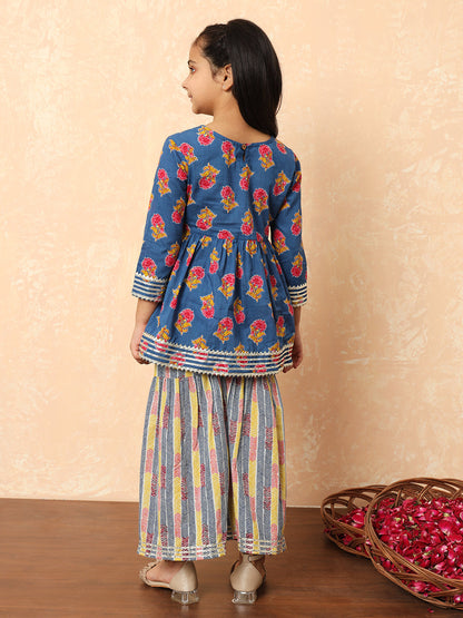 Girls Frock Style Cotton Fabric Blue Color Printed Kurti And Sharara With Zari And Gotta Lace Work