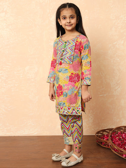 Girls Straight Style Cotton Fabric Mustard Color Printed Kurti And Pyjama With Zari And Gotta Lace Work