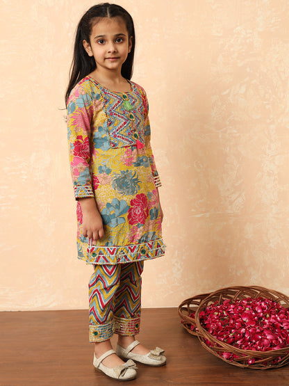 Girls Straight Style Cotton Fabric Mustard Color Printed Kurti And Pyjama With Zari And Gotta Lace Work