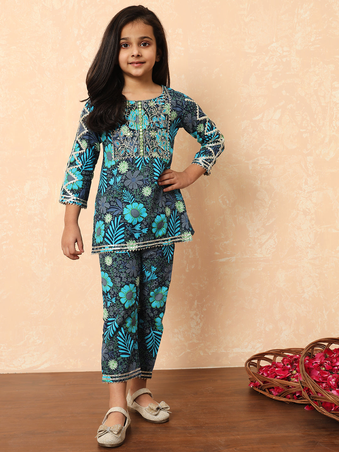 Straight Style Cotton Fabric Blue Color Floral Printed Kurti And Pyjama With Mirror And Gotta Lace Work