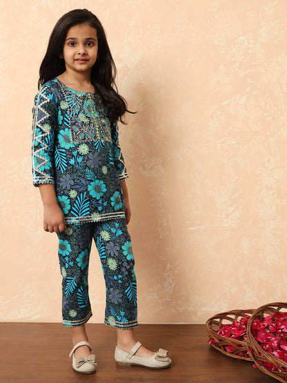 Straight Style Cotton Fabric Blue Color Floral Printed Kurti And Pyjama With Mirror And Gotta Lace Work