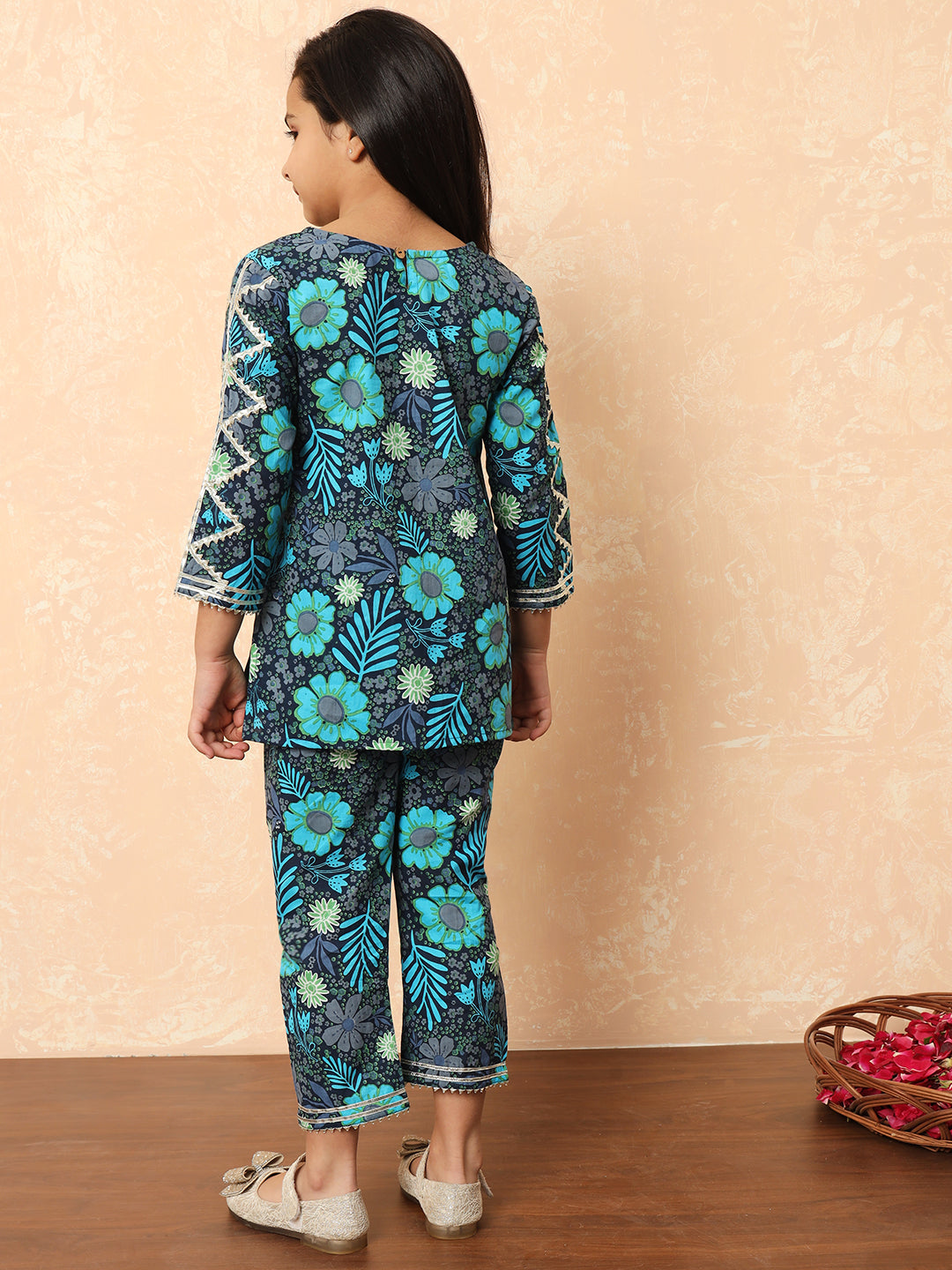 Straight Style Cotton Fabric Blue Color Floral Printed Kurti And Pyjama With Mirror And Gotta Lace Work