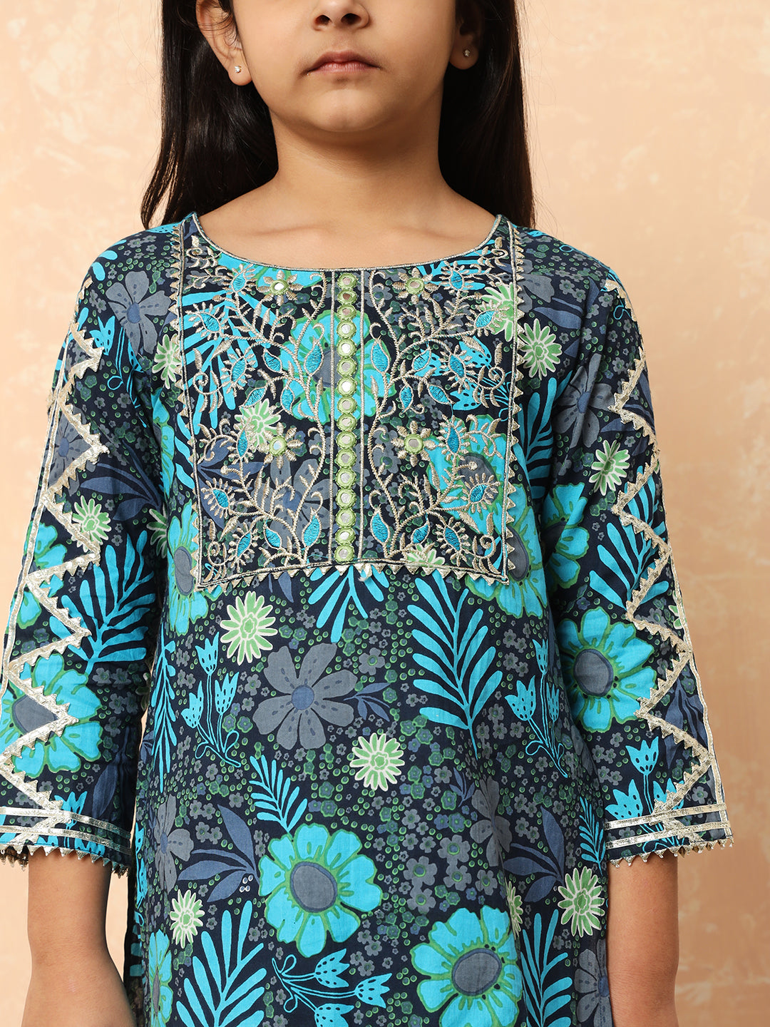 Straight Style Cotton Fabric Blue Color Floral Printed Kurti And Pyjama With Mirror And Gotta Lace Work