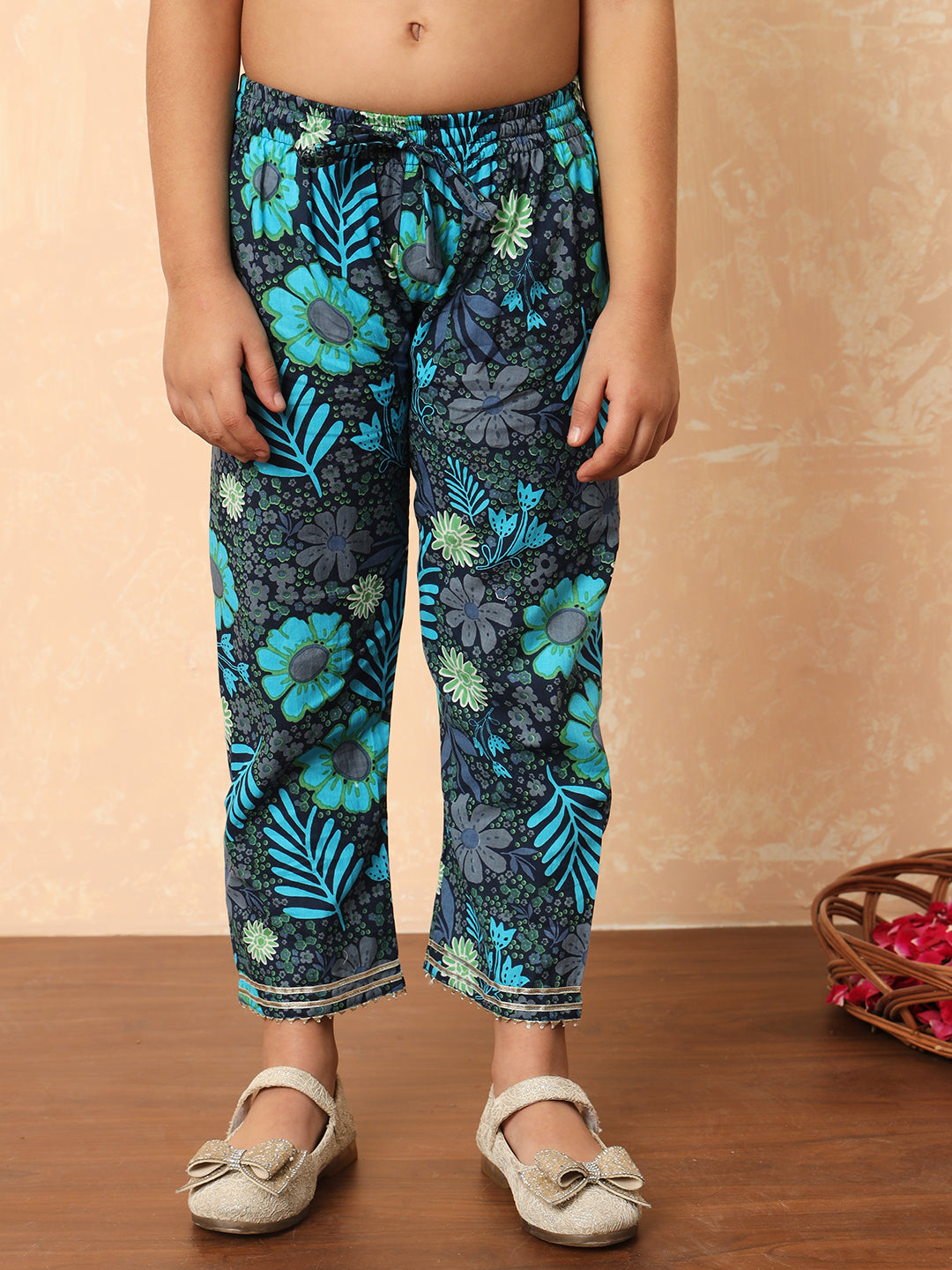 Straight Style Cotton Fabric Blue Color Floral Printed Kurti And Pyjama With Mirror And Gotta Lace Work