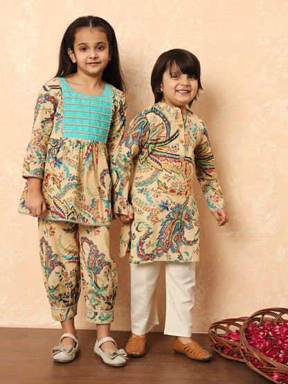 Girls Frock Style Cotton Fabric Beige Color Printed Kurti And Heram With Gotta Lace Work