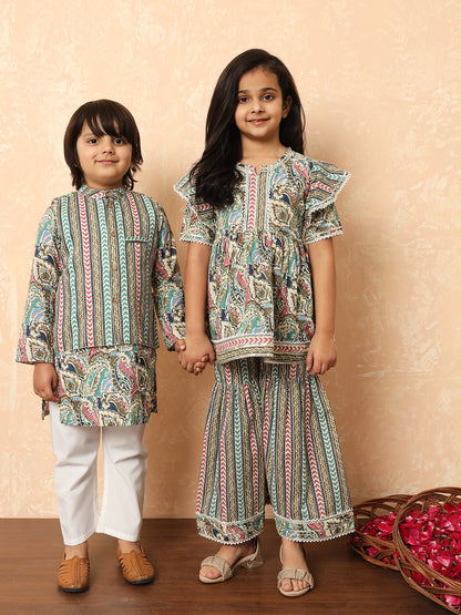 Girls Frock Style Cotton Fabric Cream Color Printed Kurti And Sharara With Gotta Lace Work
