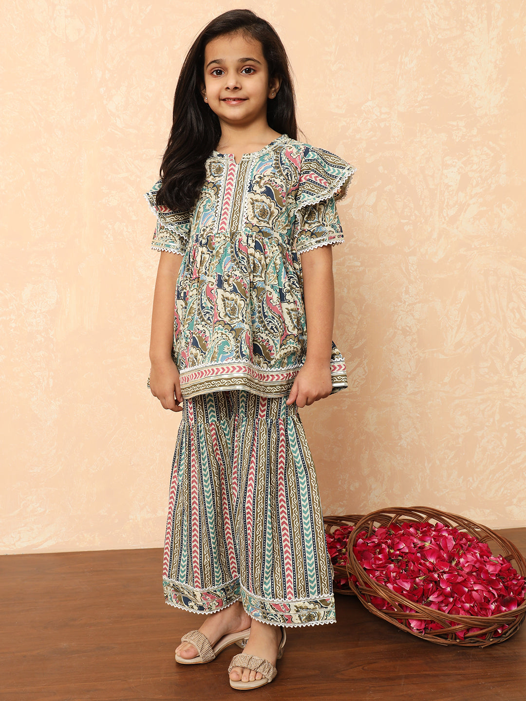 Girls Frock Style Cotton Fabric Cream Color Printed Kurti And Sharara With Gotta Lace Work