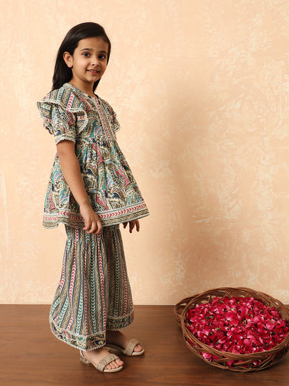 Girls Frock Style Cotton Fabric Cream Color Printed Kurti And Sharara With Gotta Lace Work