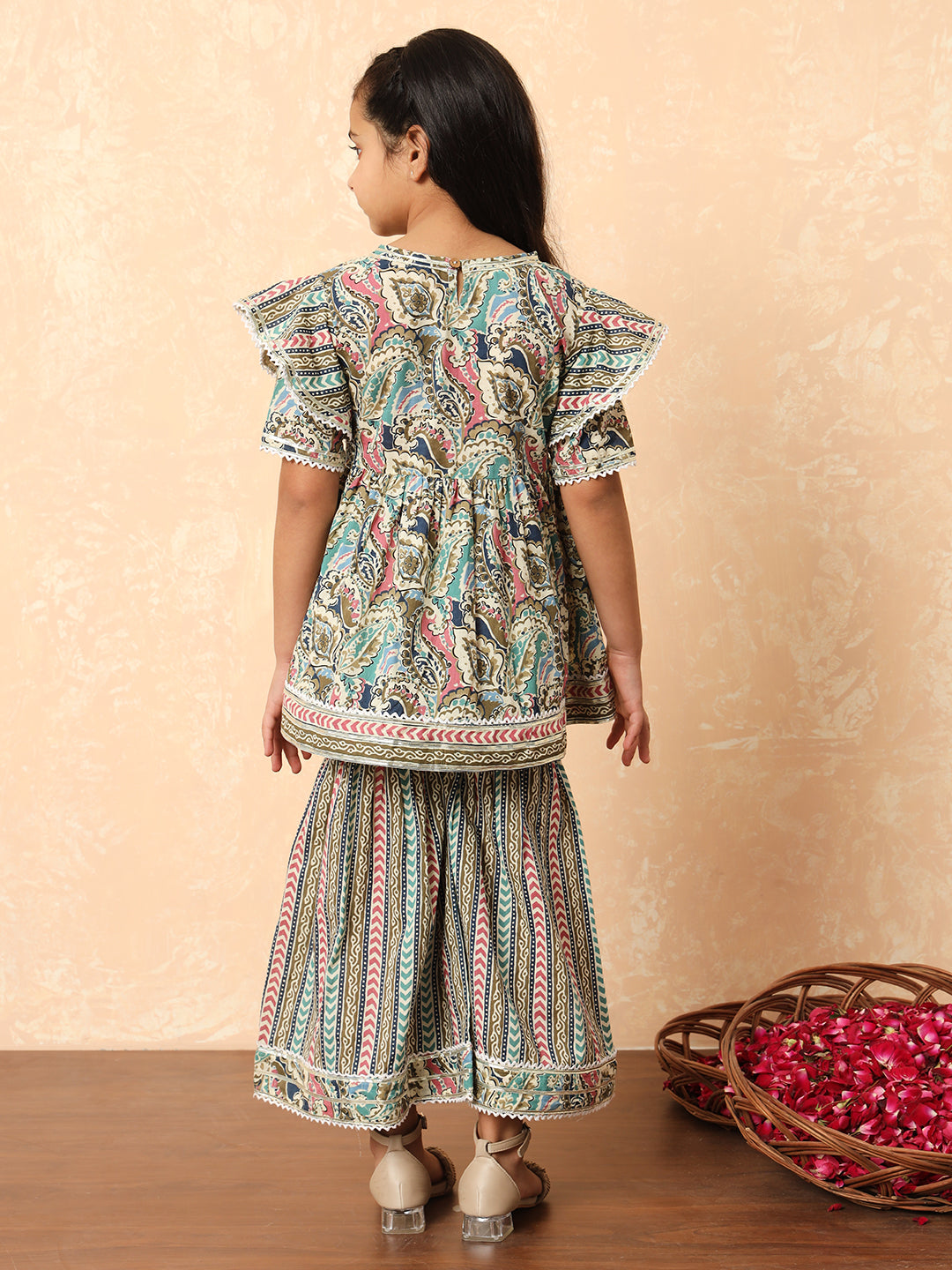Girls Frock Style Cotton Fabric Cream Color Printed Kurti And Sharara With Gotta Lace Work