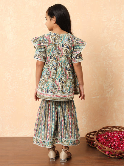 Girls Frock Style Cotton Fabric Cream Color Printed Kurti And Sharara With Gotta Lace Work