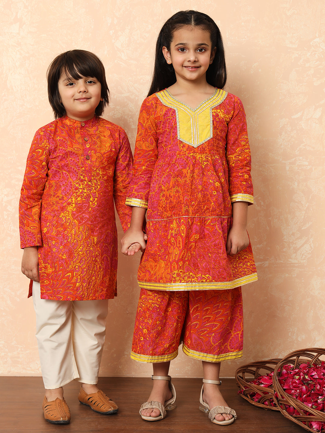 Girls Tiered Style Cotton Fabric Pink Color Printed Kurti And Sharara With Gotta Lace Work