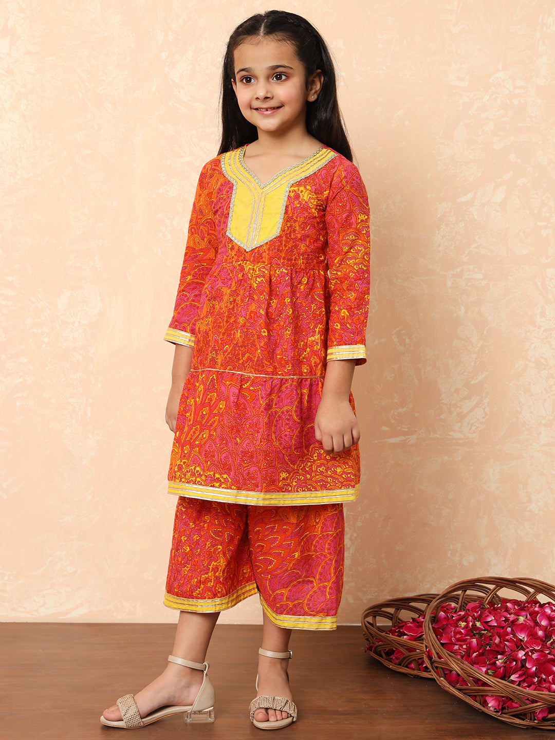 Girls Tiered Style Cotton Fabric Pink Color Printed Kurti And Sharara With Gotta Lace Work