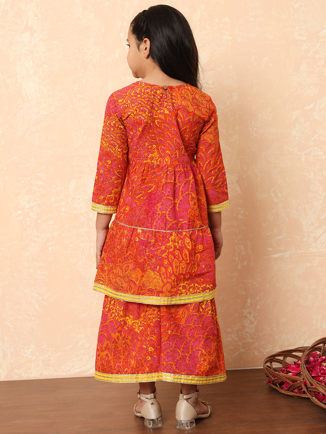 Girls Tiered Style Cotton Fabric Pink Color Printed Kurti And Sharara With Gotta Lace Work