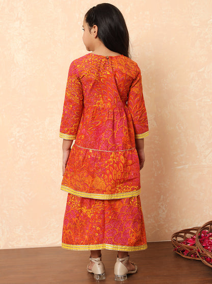 Girls Tiered Style Cotton Fabric Pink Color Printed Kurti And Sharara With Gotta Lace Work