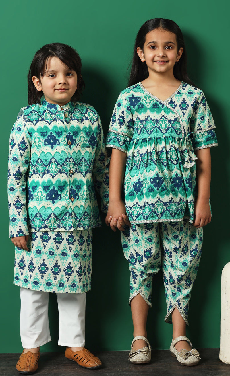 Girls Angrakha Style Cotton Fabric Sea Green Color Printed Kurti And Dhoti Pants With Gotta Lace Work