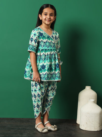 Girls Angrakha Style Cotton Fabric Sea Green Color Printed Kurti And Dhoti Pants With Gotta Lace Work