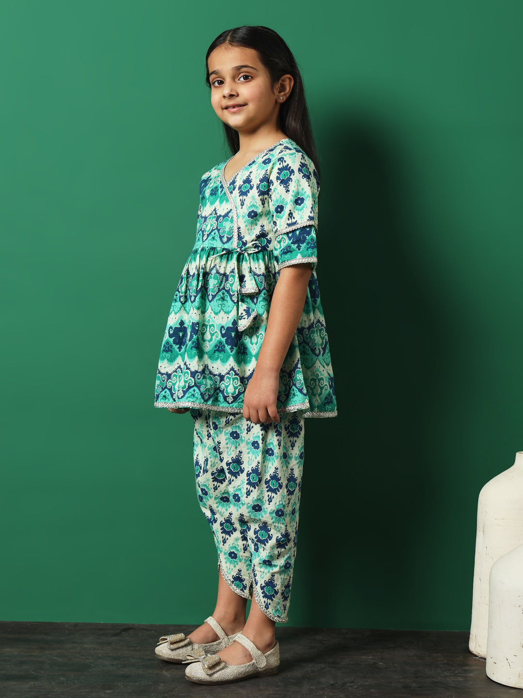 Girls Angrakha Style Cotton Fabric Sea Green Color Printed Kurti And Dhoti Pants With Gotta Lace Work