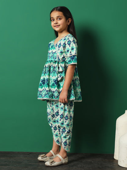 Girls Angrakha Style Cotton Fabric Sea Green Color Printed Kurti And Dhoti Pants With Gotta Lace Work