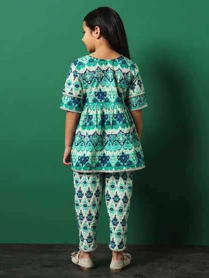 Girls Angrakha Style Cotton Fabric Sea Green Color Printed Kurti And Dhoti Pants With Gotta Lace Work