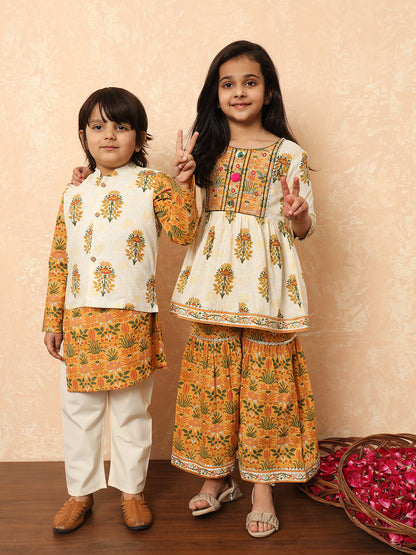 Boys Straight Style Cotton Fabric Mustard Color Floral Printed Kurta And Pyjama With Nehru Jacket