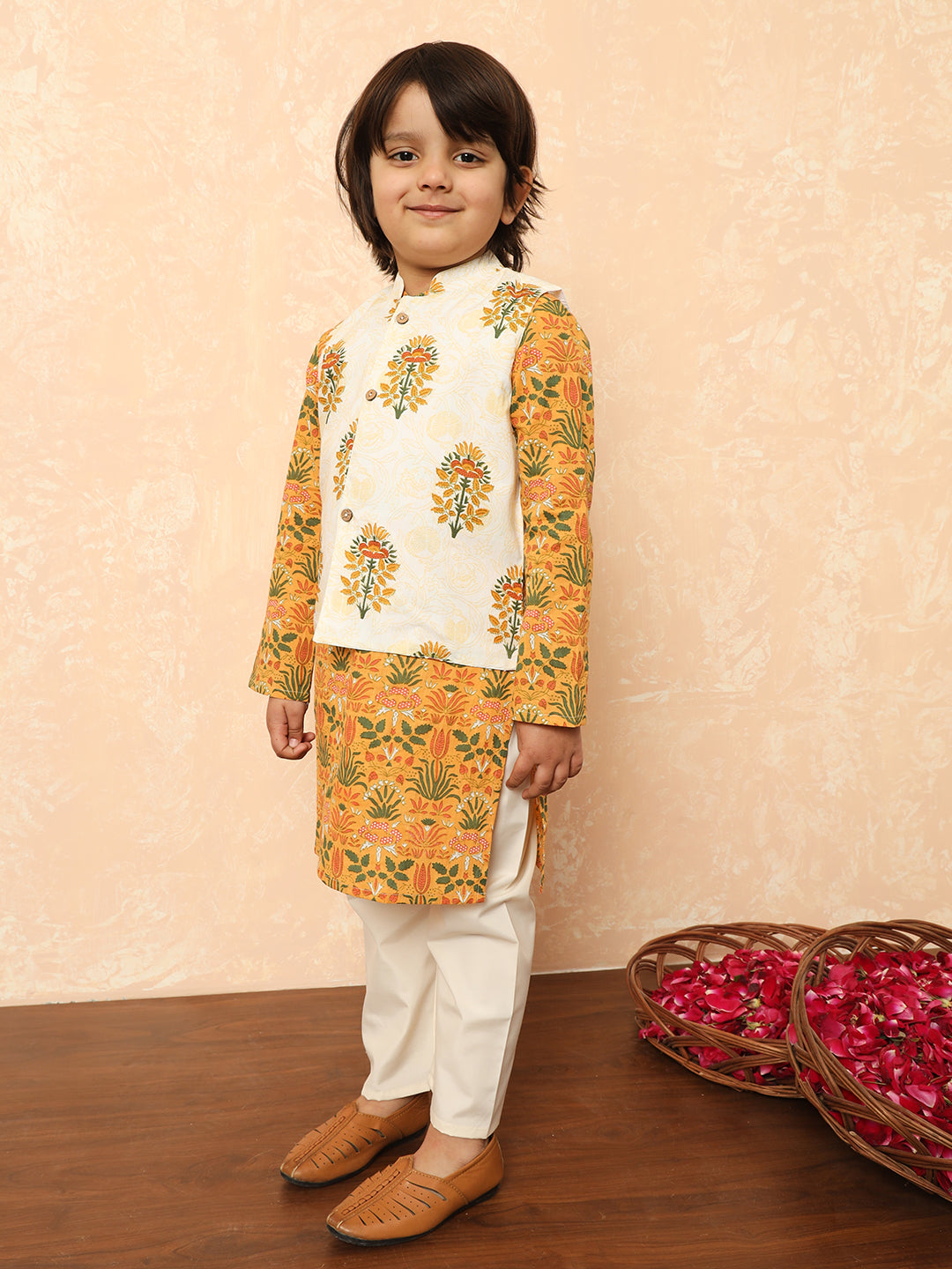 Boys Straight Style Cotton Fabric Mustard Color Floral Printed Kurta And Pyjama With Nehru Jacket