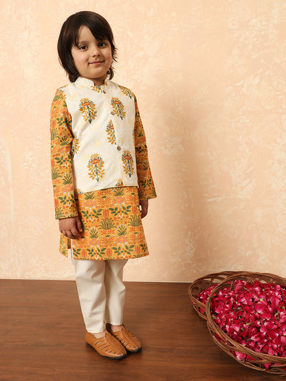 Boys Straight Style Cotton Fabric Mustard Color Floral Printed Kurta And Pyjama With Nehru Jacket