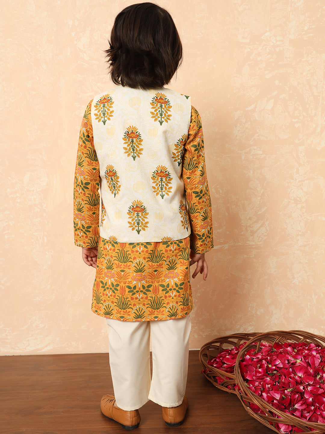 Boys Straight Style Cotton Fabric Mustard Color Floral Printed Kurta And Pyjama With Nehru Jacket