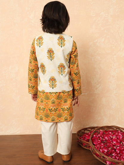 Boys Straight Style Cotton Fabric Mustard Color Floral Printed Kurta And Pyjama With Nehru Jacket
