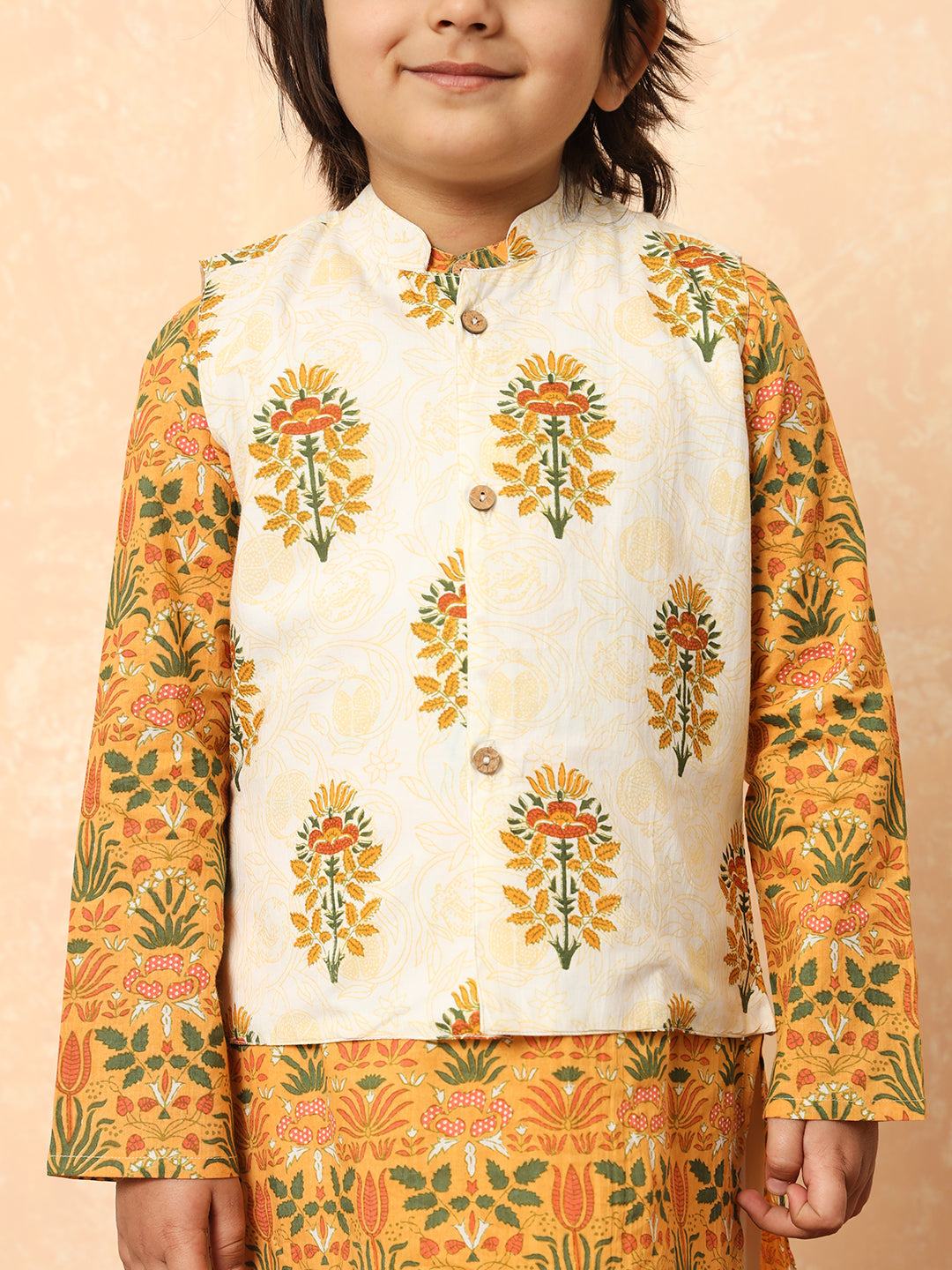 Boys Straight Style Cotton Fabric Mustard Color Floral Printed Kurta And Pyjama With Nehru Jacket