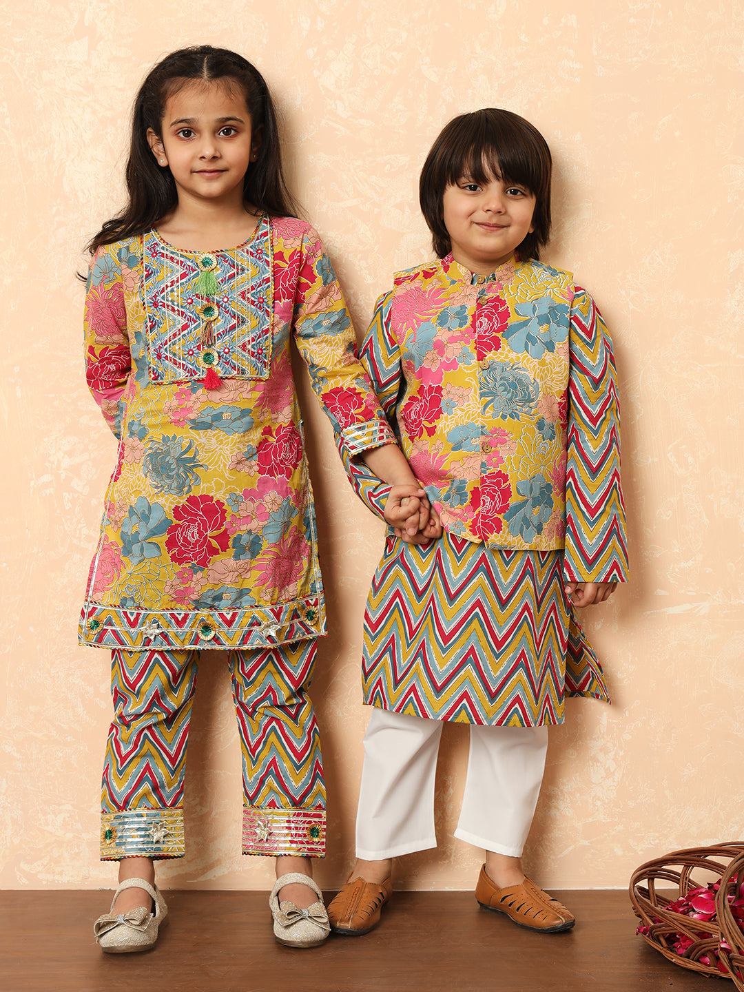 Boys Straight Style Cotton Fabric Mustard Color Floral Printed Kurta And Pyjama With Nehru Jacket