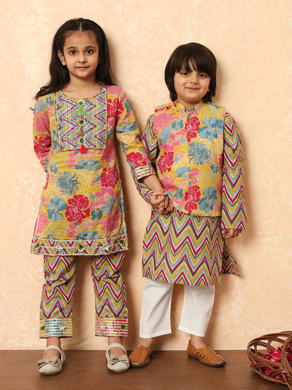 Boys Straight Style Cotton Fabric Mustard Color Floral Printed Kurta And Pyjama With Nehru Jacket