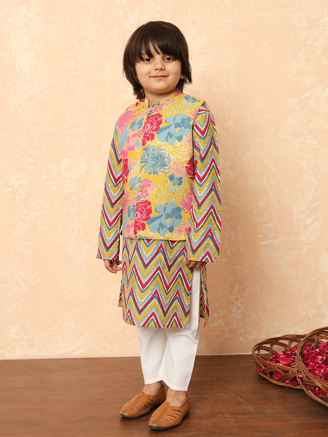 Boys Straight Style Cotton Fabric Mustard Color Floral Printed Kurta And Pyjama With Nehru Jacket