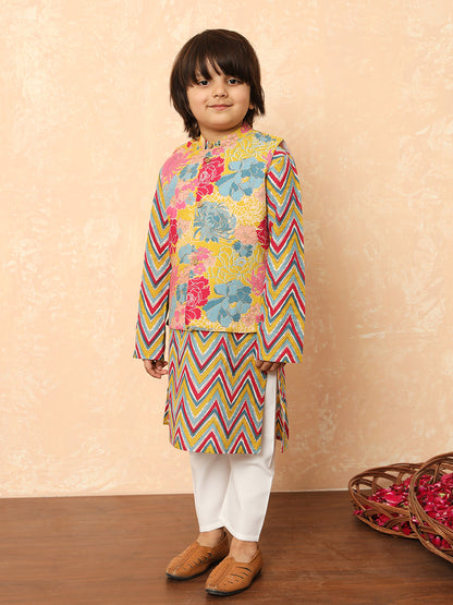 Boys Straight Style Cotton Fabric Mustard Color Floral Printed Kurta And Pyjama With Nehru Jacket