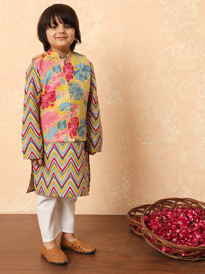 Boys Straight Style Cotton Fabric Mustard Color Floral Printed Kurta And Pyjama With Nehru Jacket