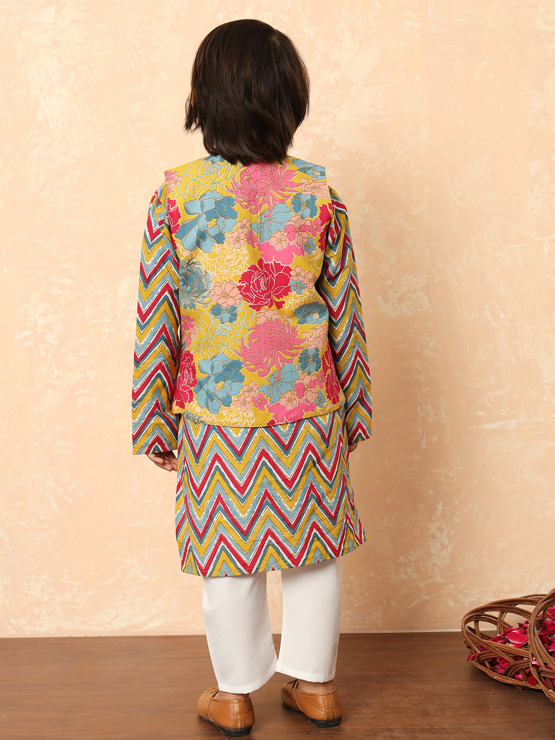 Boys Straight Style Cotton Fabric Mustard Color Floral Printed Kurta And Pyjama With Nehru Jacket