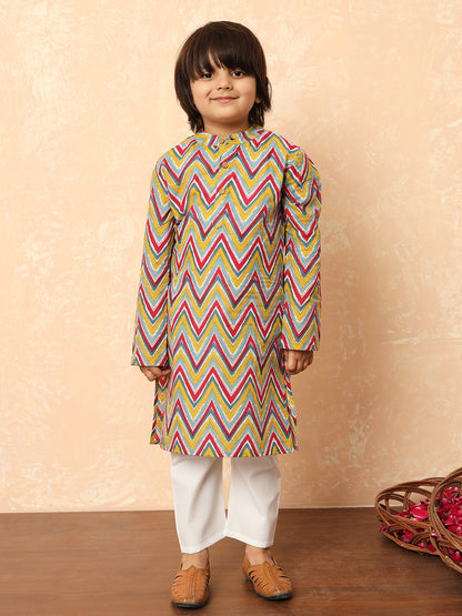 Boys Straight Style Cotton Fabric Mustard Color Floral Printed Kurta And Pyjama With Nehru Jacket