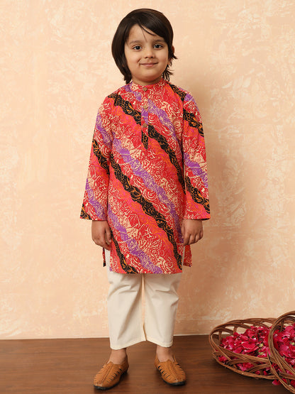 Boys Straight Style Cotton Fabric Red Color Printed Kurta And Pyjama