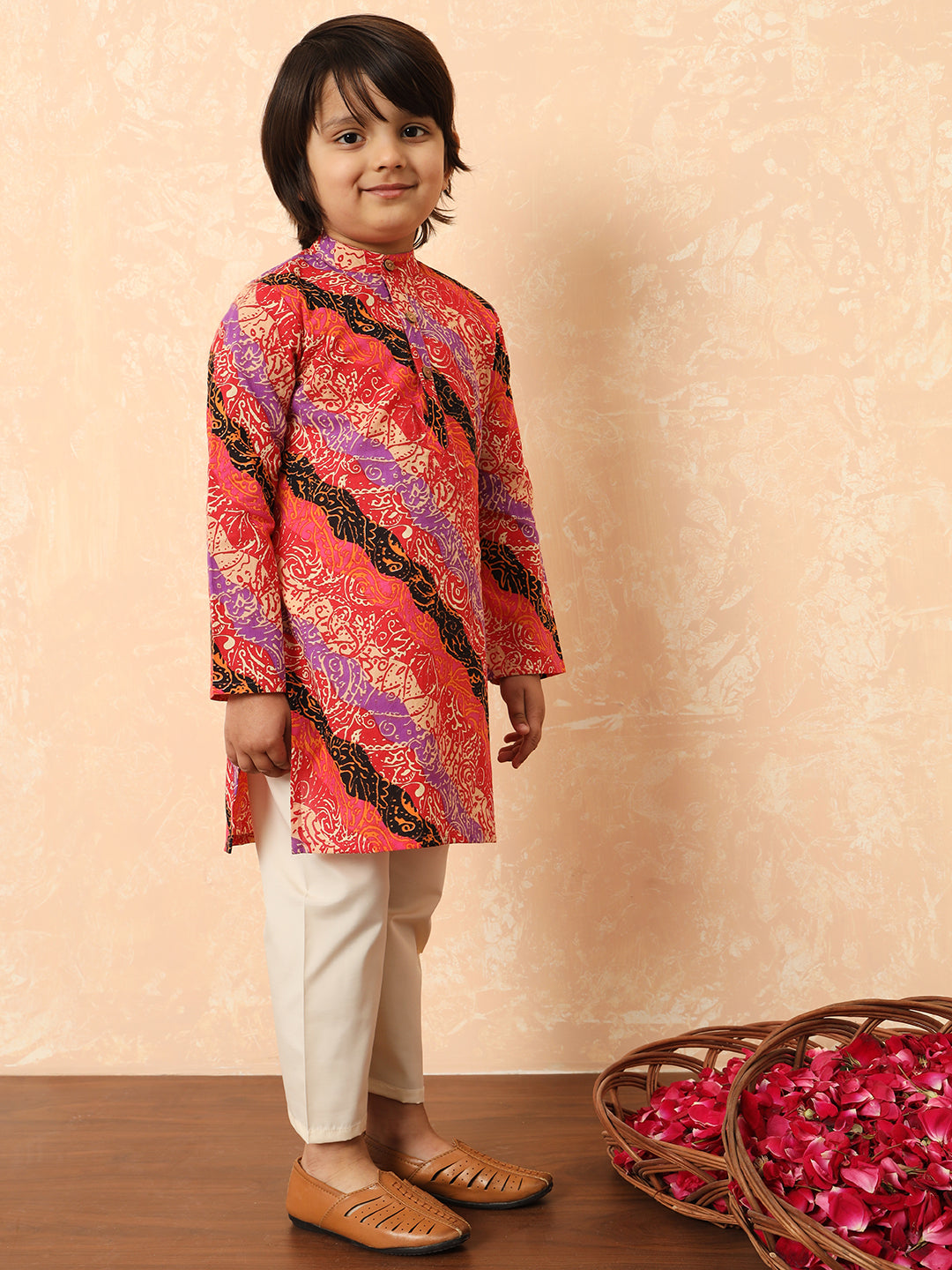 Boys Straight Style Cotton Fabric Red Color Printed Kurta And Pyjama