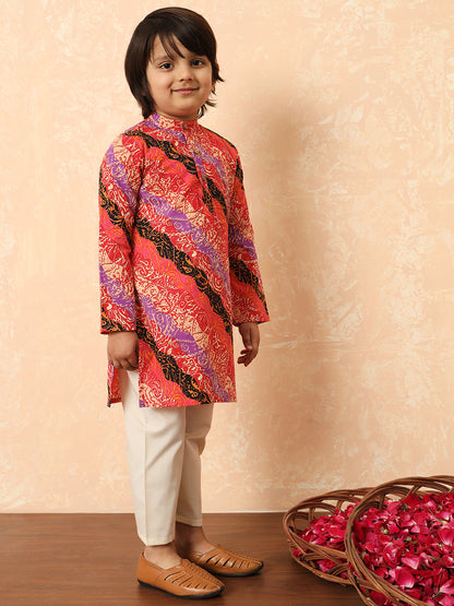Boys Straight Style Cotton Fabric Red Color Printed Kurta And Pyjama