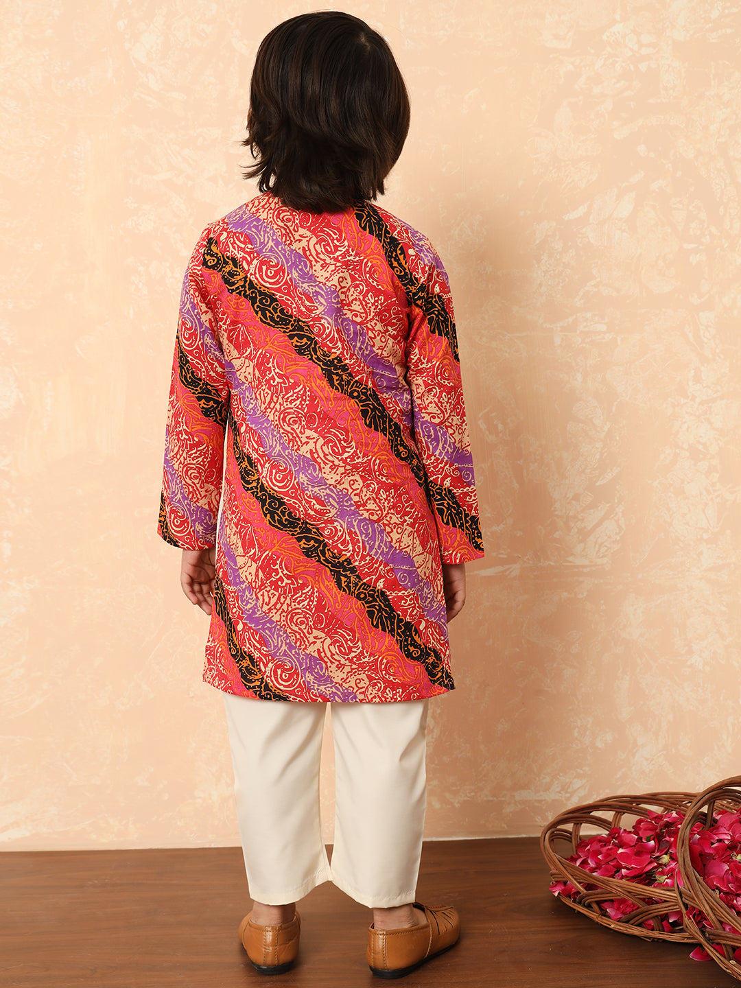 Boys Straight Style Cotton Fabric Red Color Printed Kurta And Pyjama