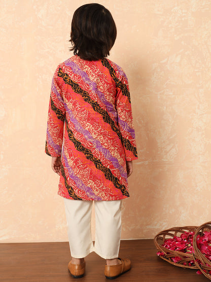 Boys Straight Style Cotton Fabric Red Color Printed Kurta And Pyjama