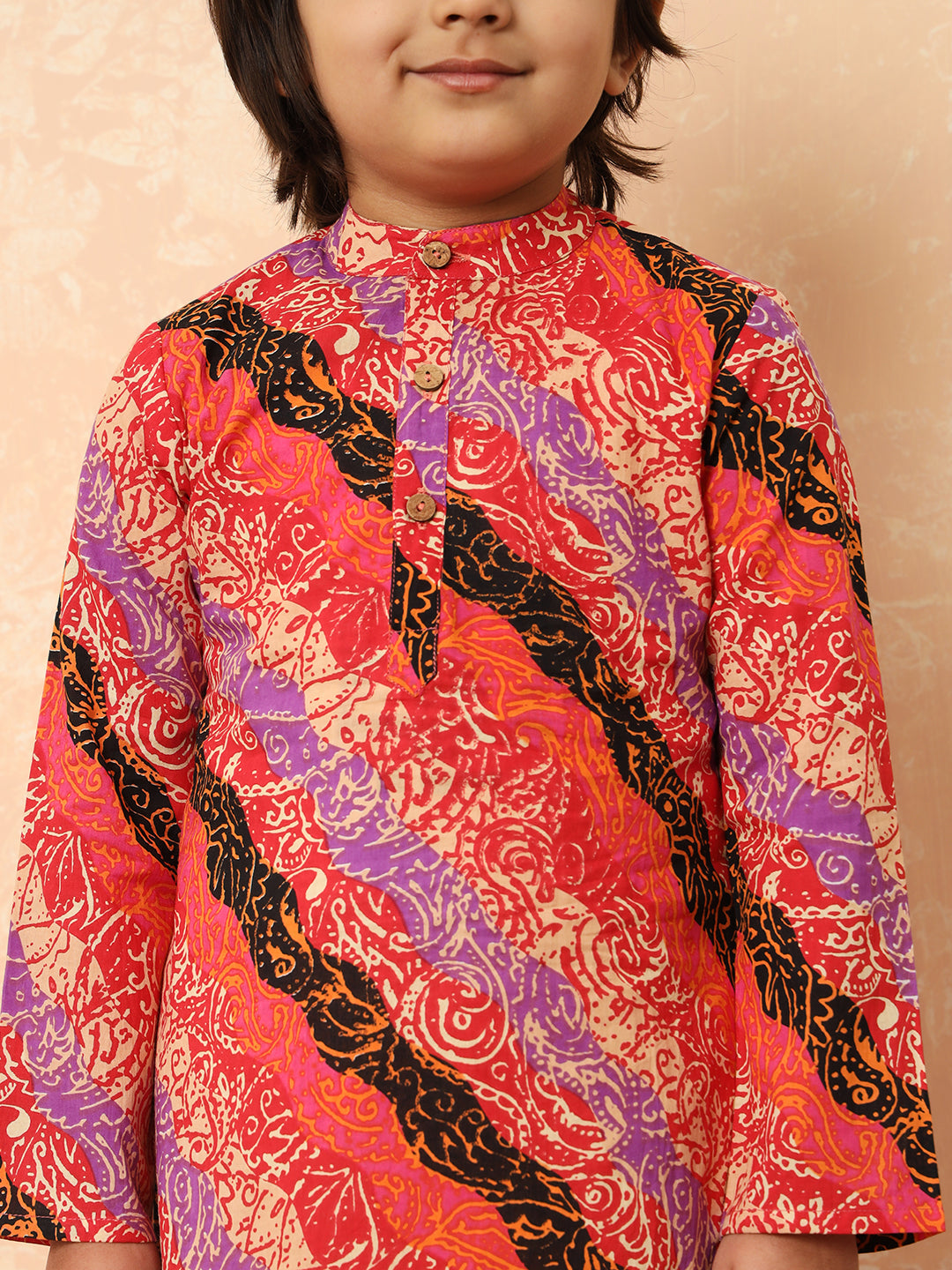 Boys Straight Style Cotton Fabric Red Color Printed Kurta And Pyjama