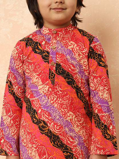 Boys Straight Style Cotton Fabric Red Color Printed Kurta And Pyjama