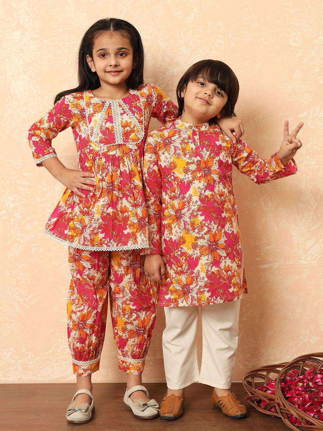 Boys Straight Style Cotton Fabric Pink Color Floral Printed Kurta And Pyjama
