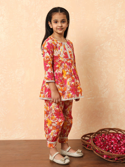 Boys Straight Style Cotton Fabric Pink Color Floral Printed Kurta And Pyjama