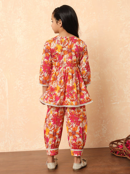 Boys Straight Style Cotton Fabric Pink Color Floral Printed Kurta And Pyjama