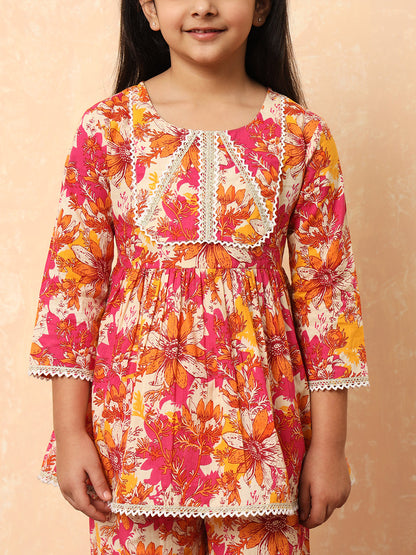 Boys Straight Style Cotton Fabric Pink Color Floral Printed Kurta And Pyjama